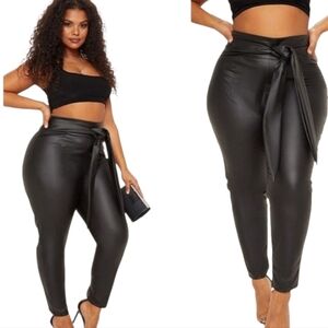 NWT Pretty Little Thing Black Faux Leather Tie Belt Trouser Skinny Leg Pants 3X